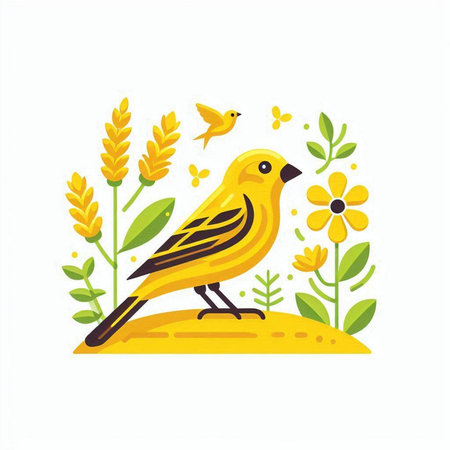 Yellow bird on a background of flowers. Vector illustration in flat styleのイラスト素材