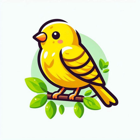 Cute yellow bird sitting on the branch with green leaves. Vector illustration.のイラスト素材
