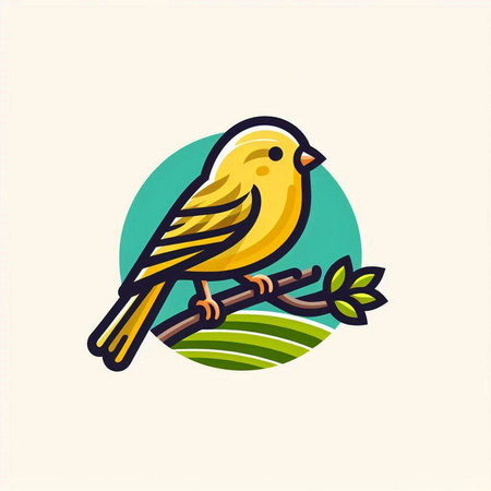 Cute yellow bird on a branch with leaves. Vector illustration.のイラスト素材