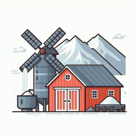 Vector illustration of a farm house with windmill and snow covered mountains.のイラスト素材