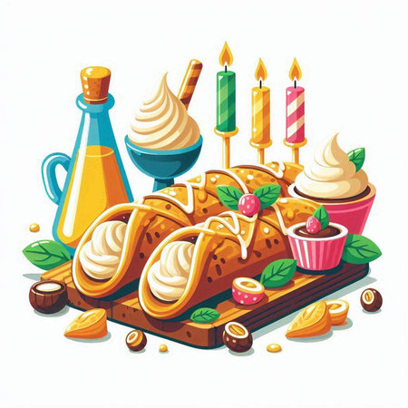 vector illustration of apple pie with whipped cream, caramel and candiesのイラスト素材