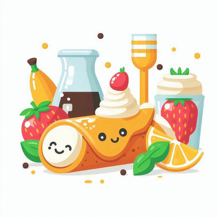 Cute pancake with fruits and whipped cream. Vector illustration.のイラスト素材