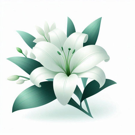 White lily with green leaves on white background. Vector illustration.のイラスト素材