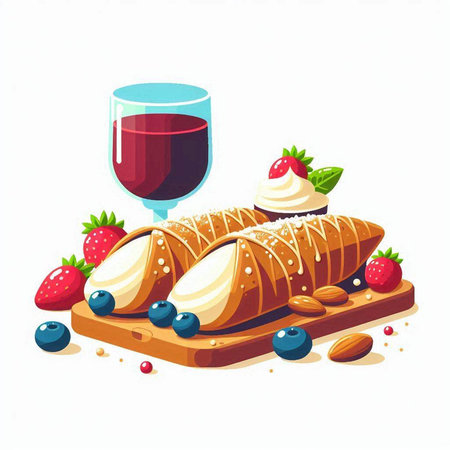 Delicious croissant with cream and berries. Vector illustration.のイラスト素材