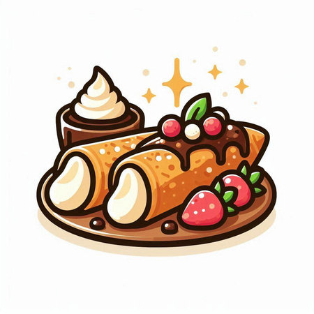 Crepes with whipped cream and berries. Vector illustration of sweet dessert.のイラスト素材