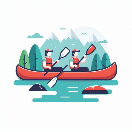 Man and woman in kayak on lake. Flat style vector illustration.のイラスト素材