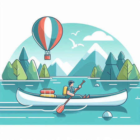 Vector illustration of a man in a kayak on a lake with a hot air balloonのイラスト素材