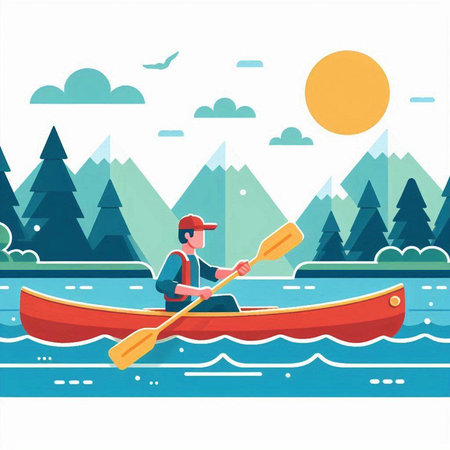 Man in a kayak on the river. Flat style vector illustration.のイラスト素材