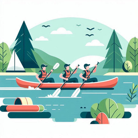 A group of people kayaking on the river. Vector illustration.のイラスト素材
