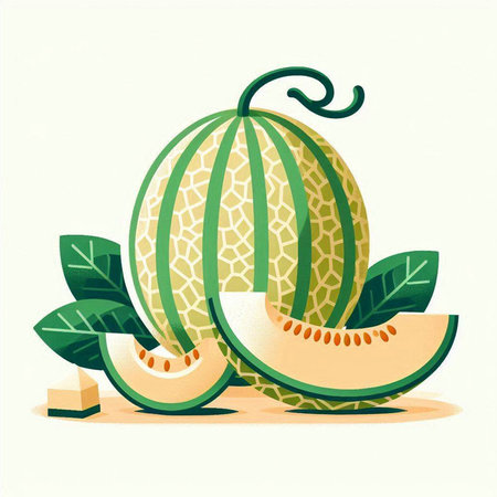 Melon and melon slices with green leaves. Vector illustration.のイラスト素材
