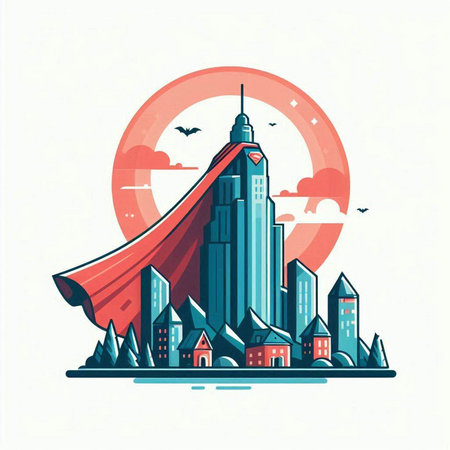 Cityscape with skyscrapers and red superhero cape, vector illustrationのイラスト素材
