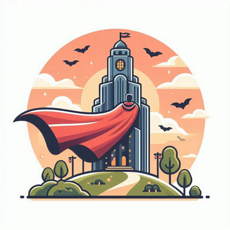 Vector illustration of a superhero city building with red cloak on top.のイラスト素材