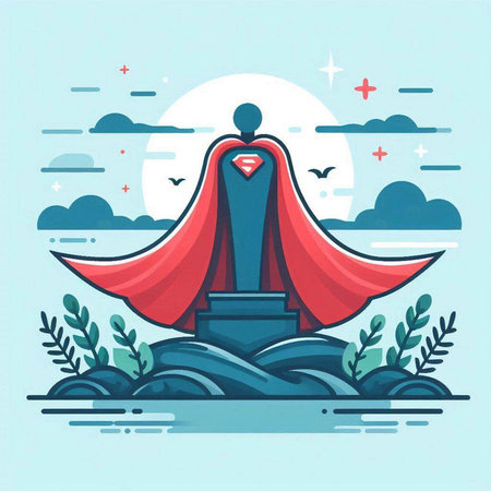 Superhero standing in front of a haunted house. Vector illustration.のイラスト素材