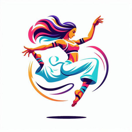 Vector illustration of beautiful young woman dancing in the studio. Colorful illustration.のイラスト素材