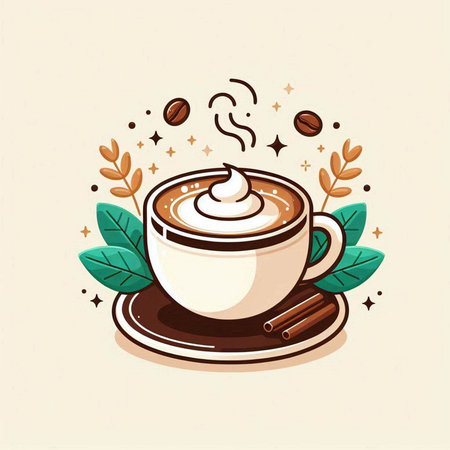 Coffee cup with cream, cinnamon and leaves. Vector illustration.のイラスト素材