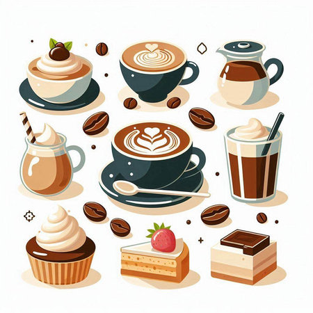 Coffee and desserts icons set. Vector illustration in flat style.のイラスト素材
