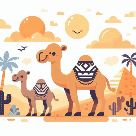 Camel and cactus in desert. Vector illustration in flat styleのイラスト素材