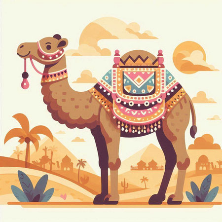 Camel in desert. Vector illustration in flat style. Cute camel in the desert.のイラスト素材