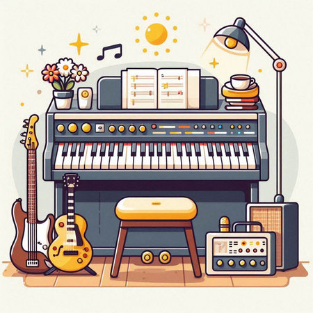 Piano, guitar, amplifier, note book and other musical instruments. Vector illustration.のイラスト素材