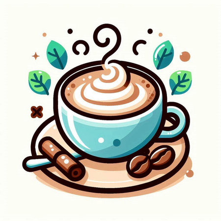 Cup of coffee with whipped cream and cinnamon, vector illustration.のイラスト素材