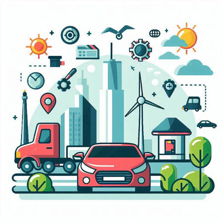 Vector illustration in flat linear style. City landscape with cars and windmillsのイラスト素材