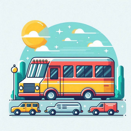 Vector illustration of a bus and cars on the road. Cartoon style.のイラスト素材