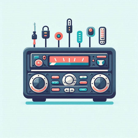 Retro radio vector illustration in flat style. Isolated on blue background.のイラスト素材