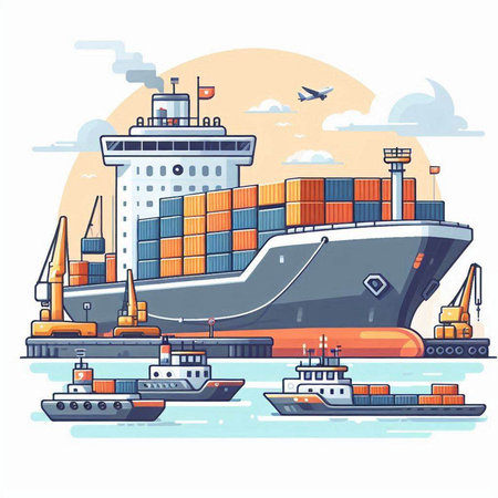 Cargo ship with containers, seagulls and cargo ships. Vector illustration.のイラスト素材