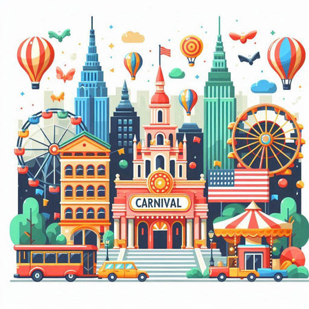 Carnival, circus and amusement park. Vector illustration in flat styleのイラスト素材