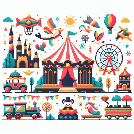 Amusement park flat vector illustration. Set of colorful carnival attractions and attractions in cartoon style.のイラスト素材