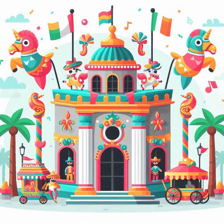 Amusement park colorful vector illustration. Cartoon amusement park with fairytale animals and carriages.のイラスト素材