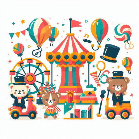 Amusement park vector illustration. Flat style design with cartoon circus elements.のイラスト素材