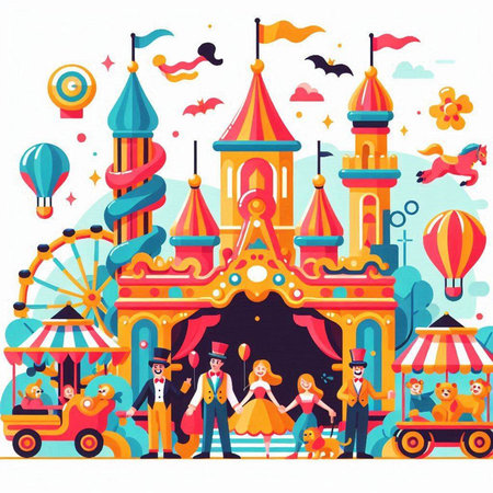 Amusement park with clowns and attractions, vector illustration.のイラスト素材