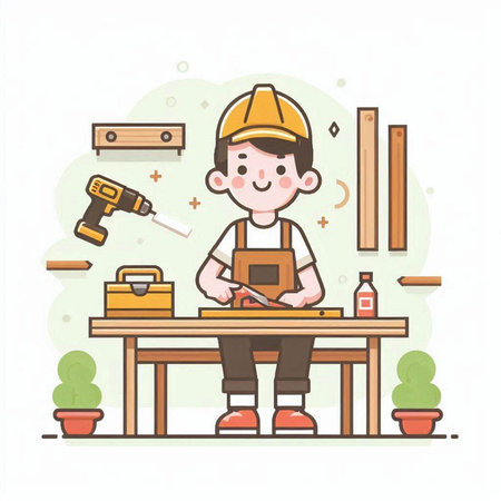 Carpenter working in the workshop. Flat design vector illustration.のイラスト素材