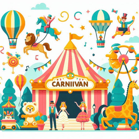 Amusement park carnival vector illustration. Cartoon flat circus carnival background with happy people and animals.のイラスト素材