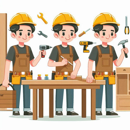 Carpenter working with tools. Vector illustration in cartoon style.のイラスト素材