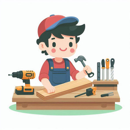 Illustration of a Kid Boy Wearing a Cap and Working As a Carpenterのイラスト素材