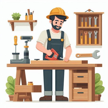 Carpenter working in his workshop. Vector illustration in cartoon style.のイラスト素材