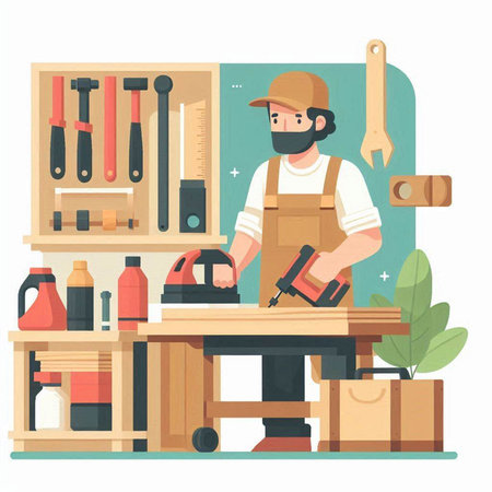 Carpenter works in his workshop. Flat style vector illustration.のイラスト素材