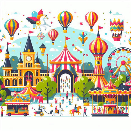 Amusement park vector illustration. Cartoon flat style with people, carousels, fairground rides and fairground.のイラスト素材