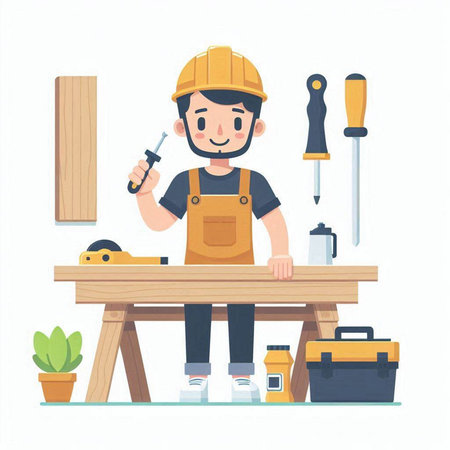 Carpenter working with tools. Vector illustration in cartoon style.のイラスト素材