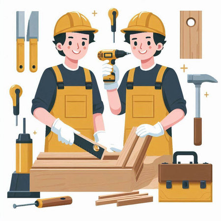 Carpenter and carpenter working with tools. Vector illustration.のイラスト素材