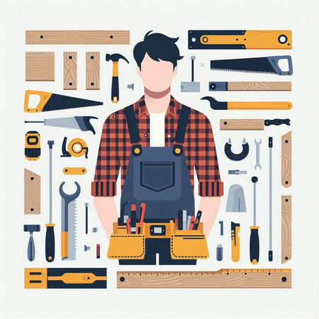 Carpenter tools flat design vector illustration. Man working in carpentry, woodwork and construction.のイラスト素材