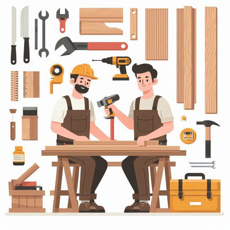 Carpenter man and woman working in carpentry, woodwork. Vector illustrationのイラスト素材