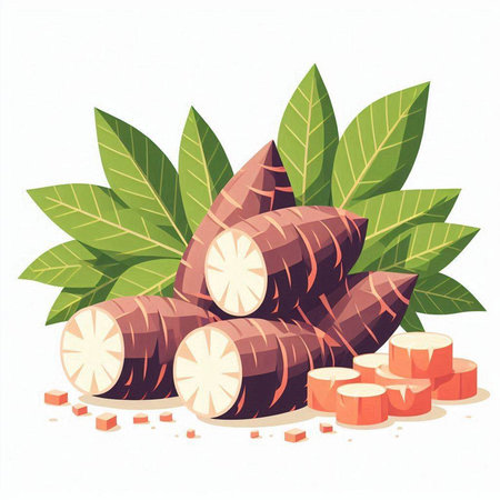 Illustration of yam with leaves on a white background - vectorのイラスト素材