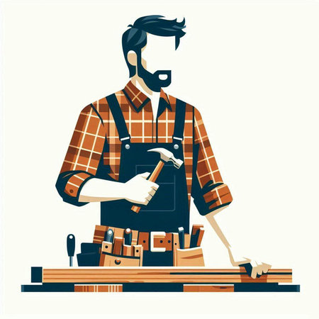 Carpenter working with wood on a white background. Vector illustration.のイラスト素材