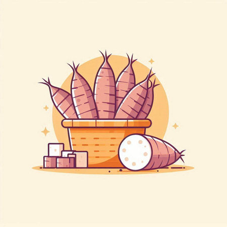 Sweet potato in a basket. Vector illustration in a flat style.のイラスト素材