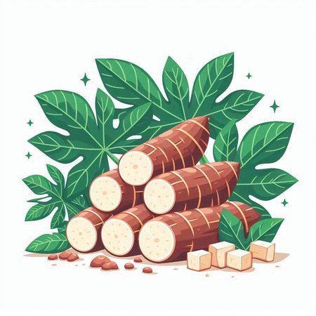 Illustration of cassava with leaves on white background. Vector illustration.のイラスト素材