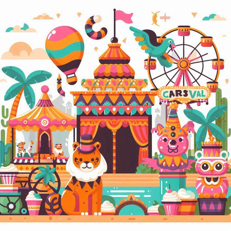 Circus flat vector illustration. Cute animals cartoon characters on amusement park background.のイラスト素材