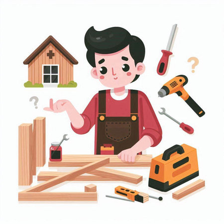 Carpenter working with tools. Vector illustration in cartoon style.のイラスト素材